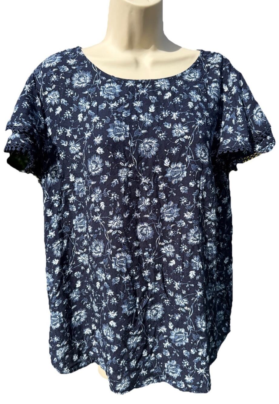 NWT Navy Floral Rayon Blouse Flutter Sleeve Pom Trim Boho Top L Cottagecore Blue